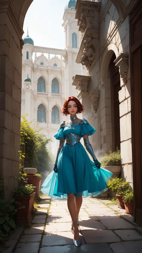 solo, palace in background,vivid, colors,blue armor dress, silvery glow, mist, bone gloves,  lady,royal, walking in garden, full body, path <lora:epi_noiseoffset2:1>, naomi scott, red hair, green eyes, (brown skin:1.3), Abstract Iridescent Photo-Style by Nouni