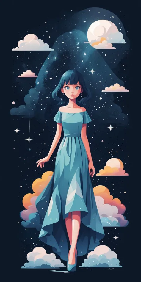 vector artstyle, women in long blue dress, black background, starry dress <lora:Vector_illustration:1> <lora:epi_noiseoffset2:1>