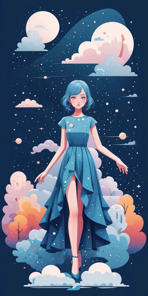 vector artstyle, women in long blue dress, black background, starry dress <lora:Vector_illustration:1>