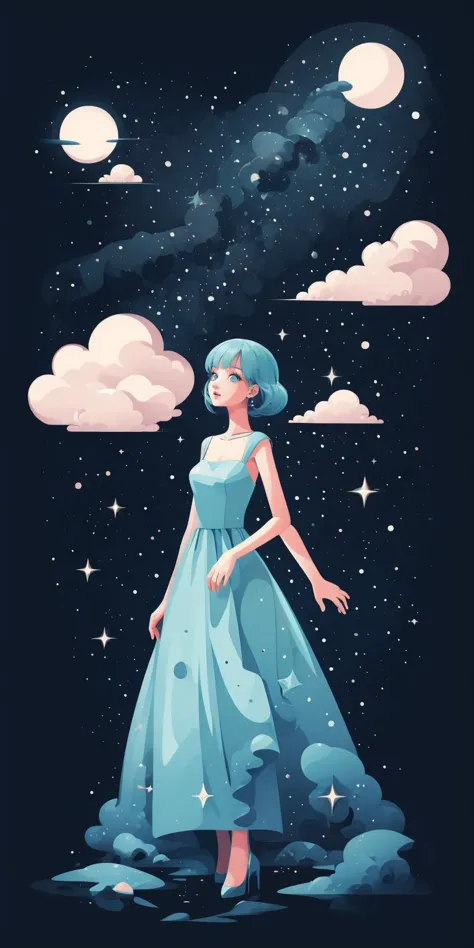 vector artstyle, women in long blue dress, black background, starry dress <lora:Vector_illustration:1> <lora:epi_noiseoffset2:1>