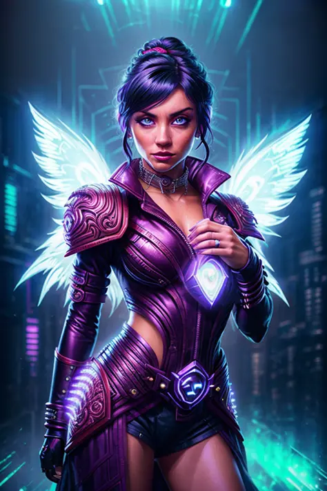 modelshoot style A stunning intricate full color portrait of anad,
epic character composition,
synthwave style swpunk jacket and silver gauntlets,
lightrays and lightgeo and glowing neon wings,
long dark [purple|pink|blue] hair,
by ilya kuvshinov, alessio albi, nina masic,
sharp focus, natural lighting, subsurface scattering, f2, 35mm, film grain
