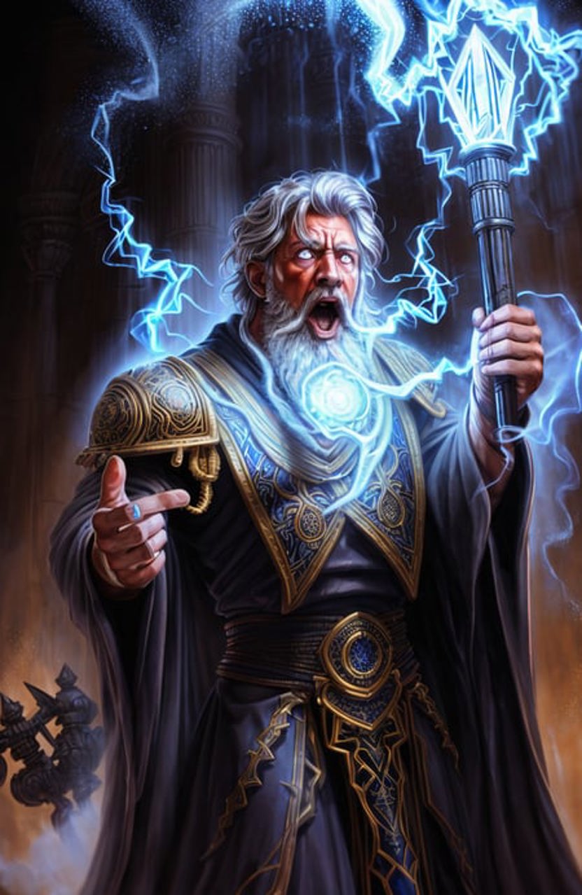 a painting of a wizard holding a staff and a lightning bolt, Velho ...