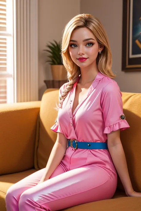 a woman in a pink dress sitting on a couch