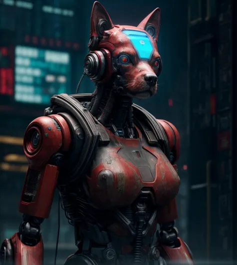 RAW photograph, movie still,  cyberpunk, robot [dog|cat], octane render, intense, <lora:add_detail:1>