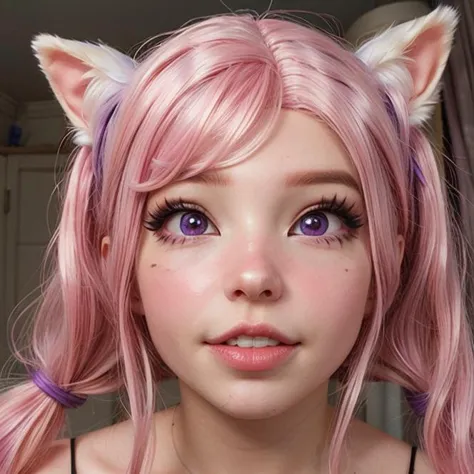 a close up of a girl with pink hair and cat ears