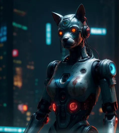 a close up of a robot with glowing eyes and a cat head