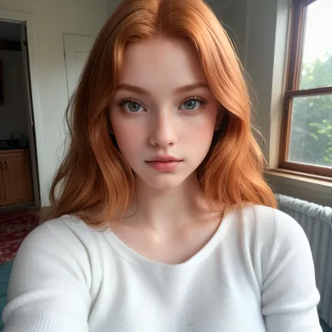 a close up of a woman with red hair and a white shirt