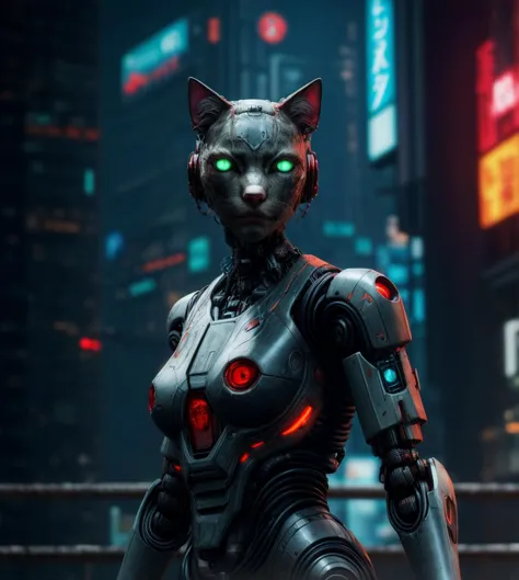 a close up of a cat in a futuristic suit with glowing eyes