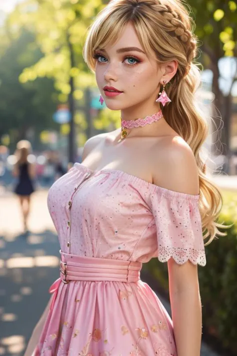 (masterpiece, best quality), 1girl, intricate details, print, earrings, freckles, upper body, bokeh, dappled sunlight, blonde, off shoulder, high-waist skirt, choker, looking at viewer, french braid, bangs, clothing cutout, glitter, particles, strap slip, barbie, pink dress