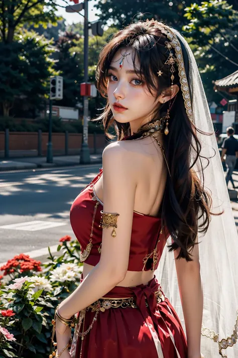 a close up of a woman in a red dress with a veil