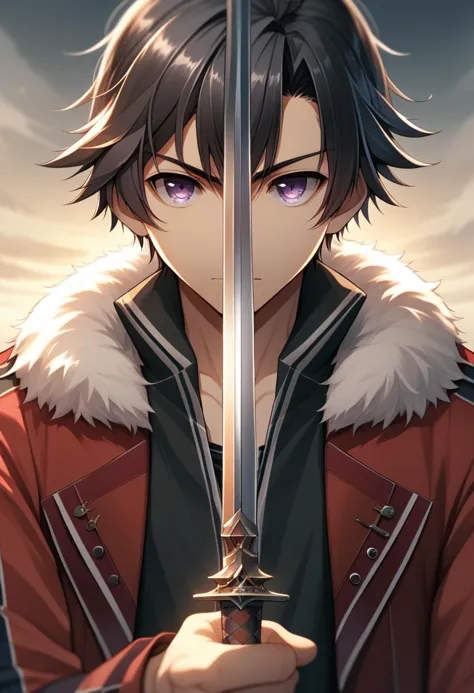 a man with a sword in his hand and a sky background