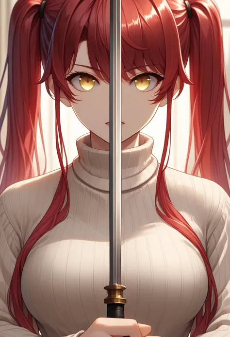 anime girl with red hair holding a sword in front of her face