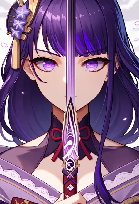 anime girl with purple hair holding a sword in her hand