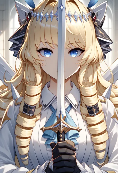 anime girl with sword and blue eyes holding a sword