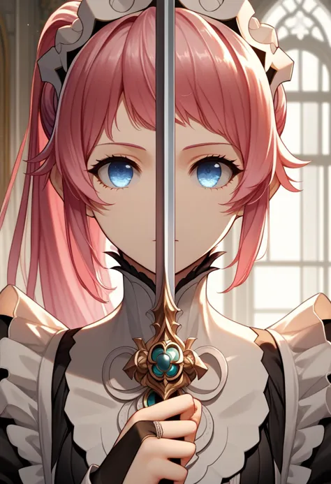 anime girl with pink hair holding a sword in front of a window