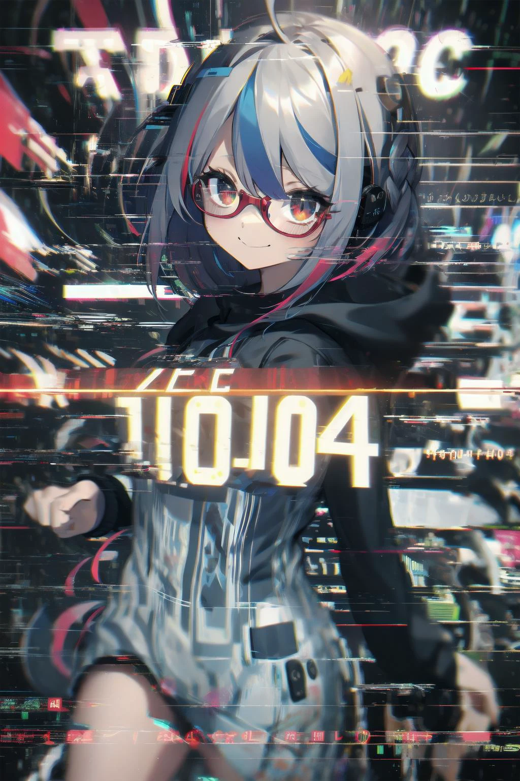 Anime girl with glasses and a hoodie in front of a city - SeaArt AI