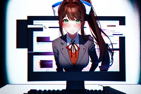 Highly detailed, High Quality, Masterpiece, beautiful, Glitching, glitch, solo, Monika, bangs, very long hair, long hair, neck ribbon, looking at viewer, ponytail, shirt, , hair bow, white bow, pleated skirt, brown hair, grey jacket, sidelocks, blue skirt, skirt, 1girl, breasts, blazer, green eyes, (crying, tears:1.2), horrified, through_screen, monitor, 