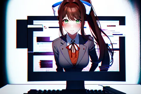 Highly detailed, High Quality, Masterpiece, beautiful, Glitching, glitch, <lora:Glitching:1>, solo, Monika, bangs, very long hai...