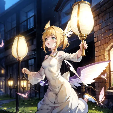 anime girl with a lantern in her hand and a fairy flying around