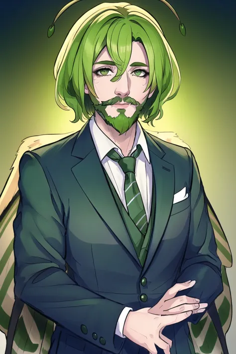 there is a man with green hair and a beard wearing a suit