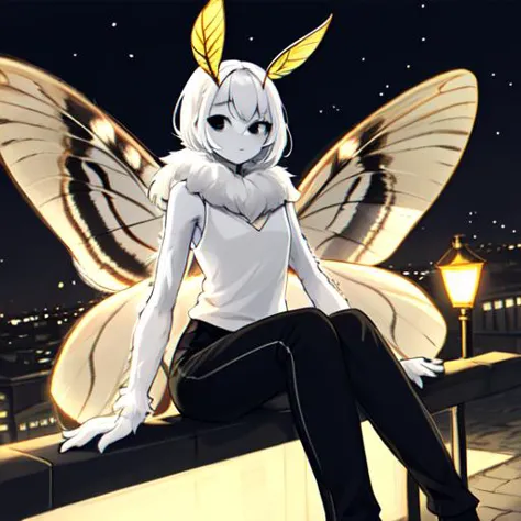 masterpiece, best quality, 1girl, solo, moth girl, white hair, white skin, four arms, multiple arms, black eyes, neck fur, moth antennae, (white moth wings), multiple wings, casual top, black pants, fur collar, outside, city, at night, streetlight  <lora:mothgirl:0.6>