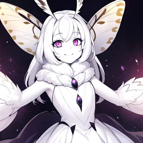 masterpiece, best quality, 1girl, solo, moth girl, four arms, multiple arms, neck fur, moth antennae, smiling, (white moth wings), multiple wings, fur, goth dress, <lora:mothgirl:0.7>