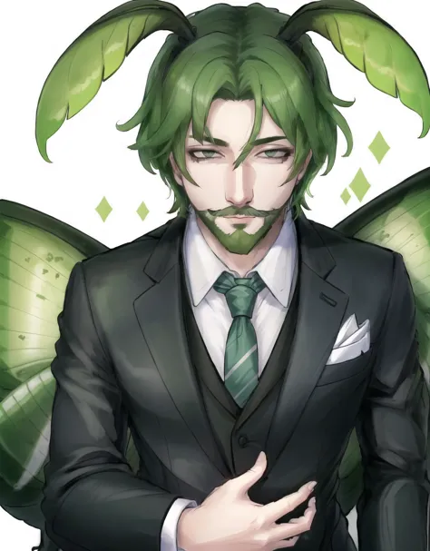 anime character dressed in a suit and tie with a green butterfly