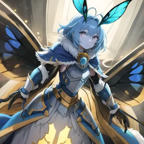 a woman with blue hair and wings in a blue outfit