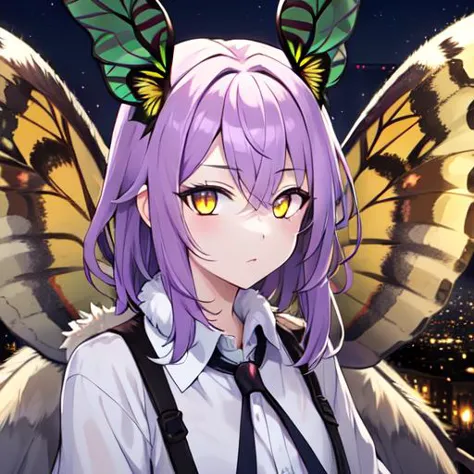 masterpiece, best quality, 1girl, solo, portrait, moth girl, purple hair, yellow eyes, neck fur, moth antennae, (moth wings), multiple wings, elegant top, white undershirt, outside, city, at night, <lora:mothgirl:0.6>