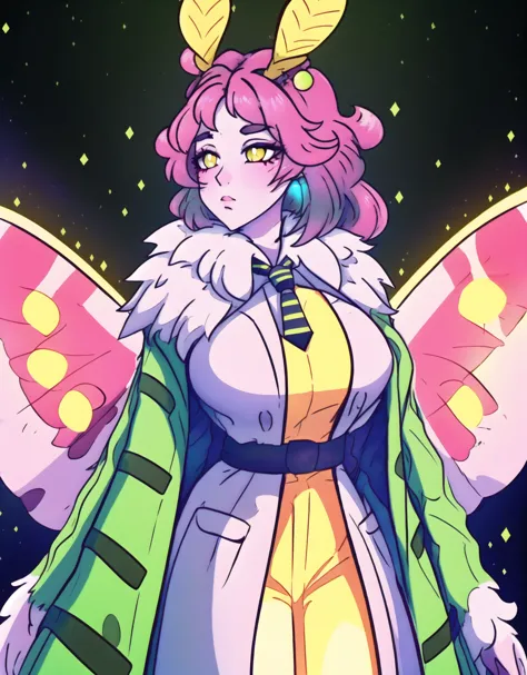 moth girl,  ((moth wings, neck fur, antennae)), <lora:mothGirlsLycoris_v10:.9>, (masterpiece, best quality:1.9), (ultra-detailed:1.3), 1girl, solo, (two tone pink hair, messy hair, long hair),  large breasts, (emo punk synthwave:1), yellow eyes, (white shirt, black necktie, green striped coat, open coat), cowboy shot, cinematic lighting, (((glowing light particles))), (arms behind back), dynamic angle, <lora:duskfallcrewsArtStyle_1:.3>  <lora:Jem_and_The_holograms:.2>