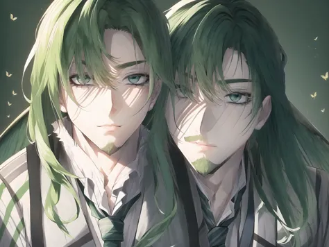 anime couple with green hair and green eyes looking at camera