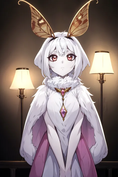 anime character with white hair and pink cape standing in front of lamps