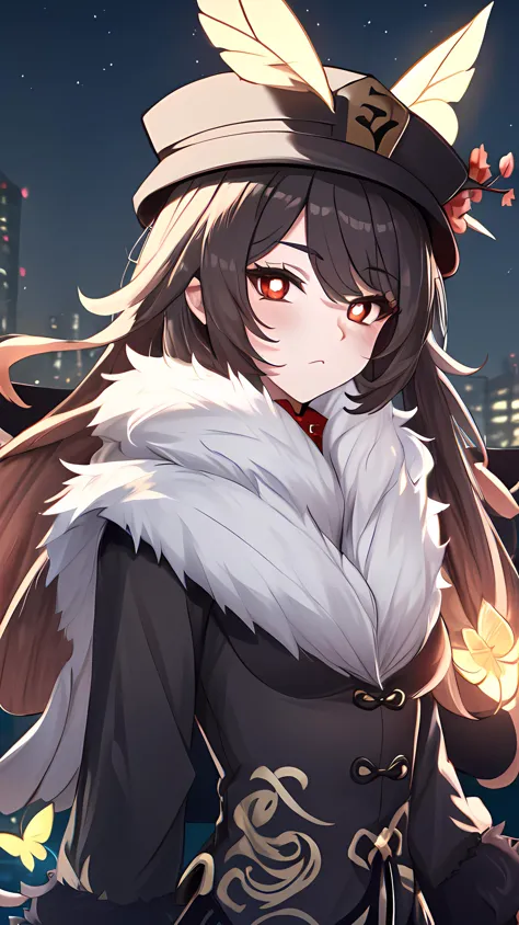 best quality, masterpiece,4k 8k wallpaper, <lora:hutao1:0.9> hutaodef, small breasts, <lora:mothgirl:0.8> neck fur, fur collar, ((moth wings)), multiple wings, at night, bright lamp