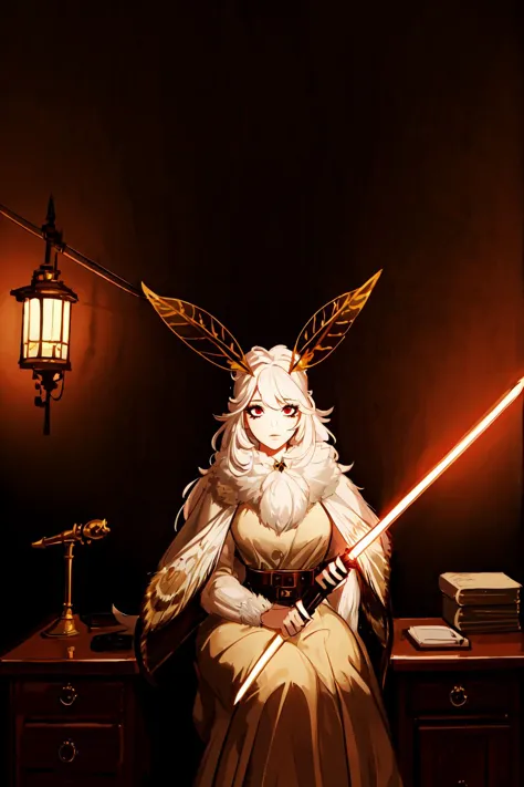 Highly detailed, High Quality, Masterpiece, beautiful, <lora:UnlimitedBladeWorks:0.9>, Lightsaber, 1girl, cowboy shot, nice hands, perfect hands, <lora:Other_EnvyBetterHands:1>, moth girl, moth wings, neck fur, antennae, <lora:Char_Moth_Moth:0.8>, detailed background, lamps, desk, sitting, sitting on desk, holding, holding sword, (detailed face and eyes:1.3)