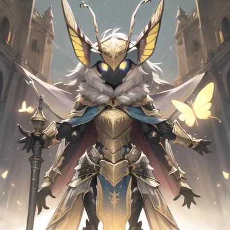 masterpiece, best quality, solo, moth knight, paladin, compound eyes, personification, bug,  arthropod girl, armor, antennae, blue moth wings, gold trim, lamp decals, neck fur, 4 arms, arthropod limbs, (shield), (mace), multiple arms, arthropod [girl], [monster], cloak, <lora:mothgirl:0.3>