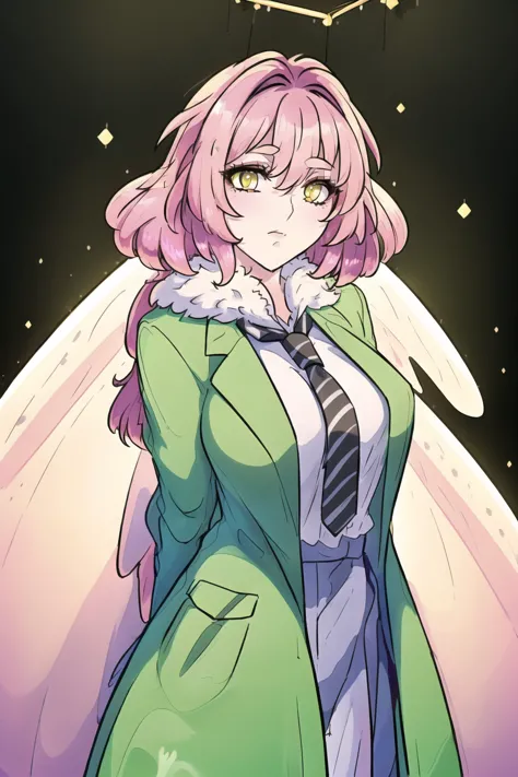 anime girl in green coat and tie with stars in background