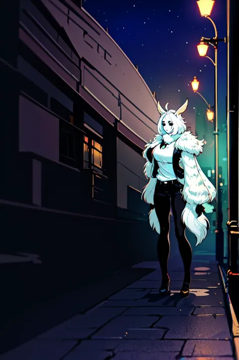 anime girl with white hair and a furry coat walking down a street