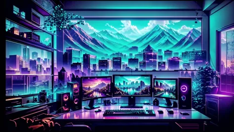 StreamerRoomz, twitch streamer setup, gamer's bedroom, no humans, window, chair, building, scenery, computer, monitor, keyboard , (computer), speaker, mouse , (computer), mountain, city, cityscape, sky, cloud, tree, indoors, masterpiece, official art, best quality , <lora:StreamerRooms:0.8>