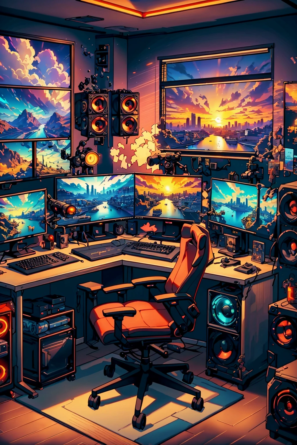 StreamerRoomz, no humanos, tema rojo y amarillo, cielo, nube, adentro,  ventana, Auriculares, Silla, escenario, micrófono, escritorio, atardecer, paisaje urbano, computadora, monitor, keyboard (computadora), office Silla, vocero, ratón (computadora), Obra maestra, Arte oficial, mejor calidad , iluminación volumétrica, iluminación de estudio, absurdos, extremadamente detallado, 32k uhd, award winning escritoriotop wallpaper, 