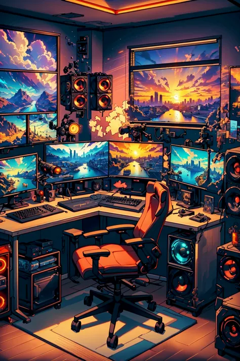StreamerRoomz, no humans, red and yellow theme, sky, cloud, indoors,  window, headphones, chair, scenery, microphone, desk, suns...