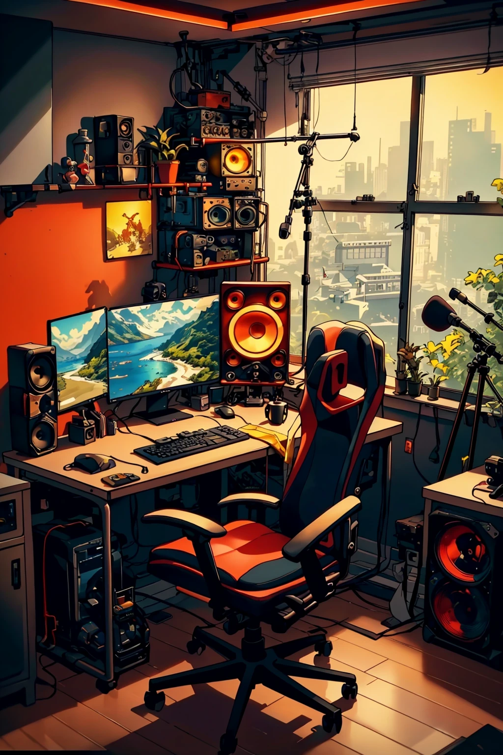 StreamerRoomz, no humans, red and yellow theme, indoors,  window, headphones, chair,  microphone, desk, computer, monitor, keyboard (computer), office chair, speaker, mouse (computer), movie playing on the computer screen, masterpiece, official art, best quality ,  studio lighting, absurdres, extremely detailed, 32k UHD, award winning desktop wallpaper, 