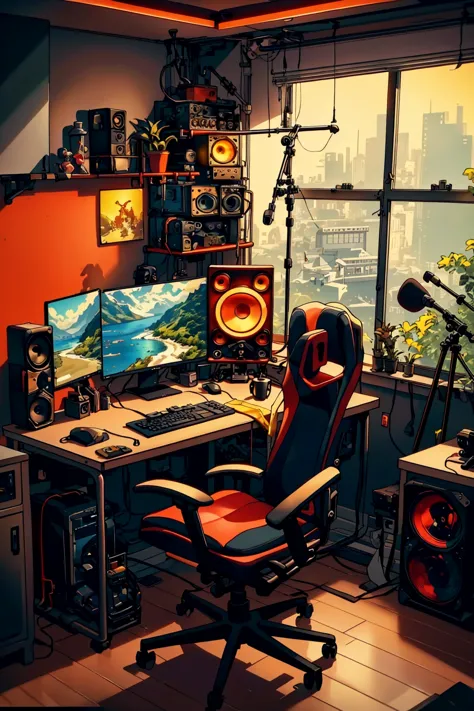 StreamerRoomz, no humans, red and yellow theme, indoors,  window, headphones, chair,  microphone, desk, computer, monitor, keybo...
