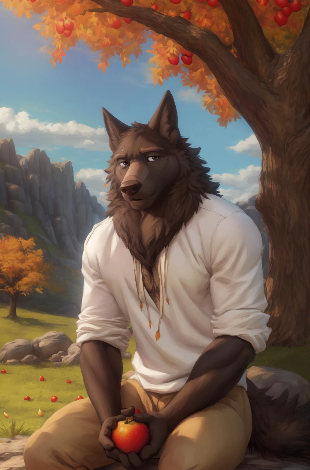 Lyall, male, muscular, cola, wolf cola, (pose:1.3), (posando:1.3), (sombreado suave), 4k, nada, ((decolaed face, (decolaed eyes:1.0), decolaed)), (cuerpo completo), por zackary911, por zaush, (by personalami:0.5), camisa, tenencia, sesión, white camisa, enfoque masculino, al aire libre, alimento, pantalones, agua, ojos negros, árbol, fruta, Césped, mangas enrolladas, roca, Hojas de otoño, brown pantalones, hocico