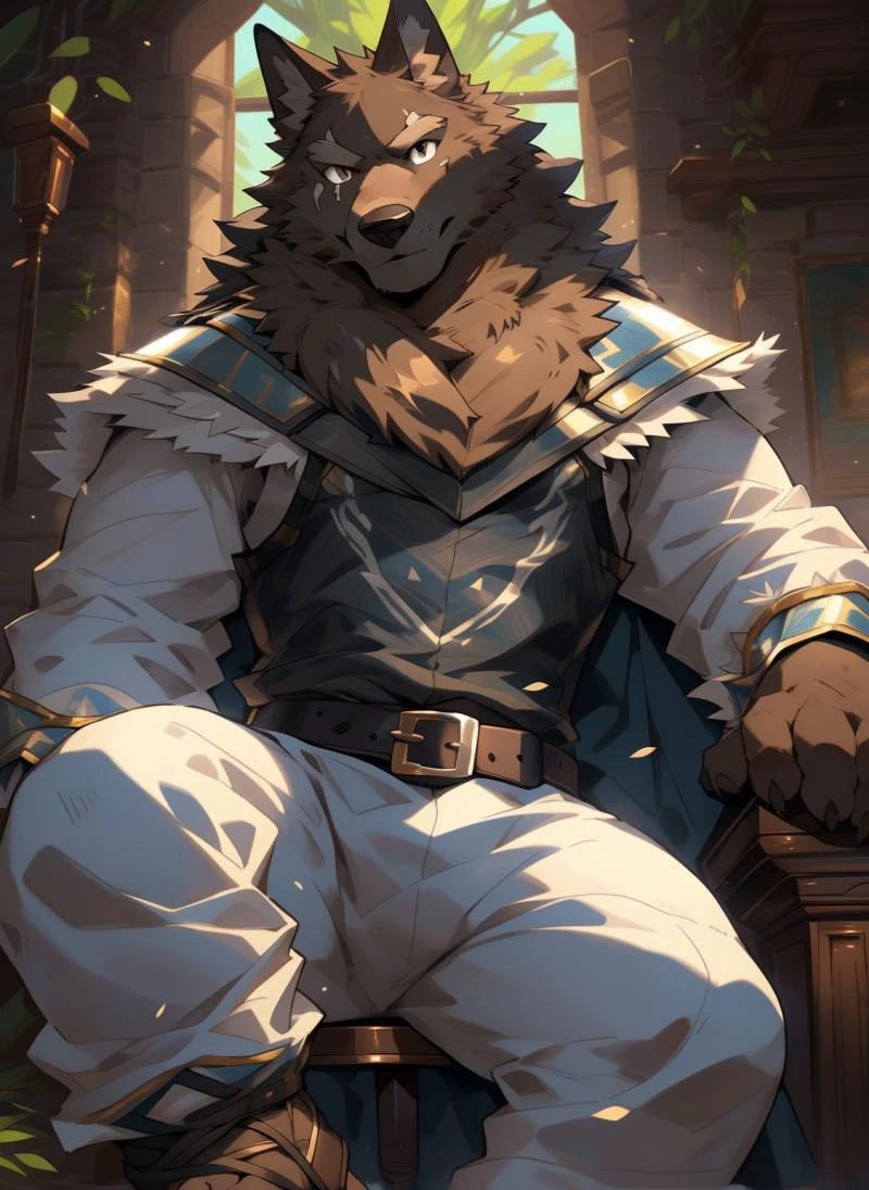 (((solo))), masterpiece, ultra high quality, ultra high resolution, 4k, 8k, ((detailed face, detailed eyes, detailed)), (full body:1.5, full shot angle:1.5), digital painting \(artwork\), by (by canyne khai, (by takemoto arashi), by null-ghost, by kiyosan, by milkytiger1145) BREAK inside, fantasy, castle, livingroom, (sitting on chair:1.4, spread legs), knight uniform, weapon, belt, sword, cape, fur trim, white pants, blue cape, armor, ((beautiful brown eyes, smug, furry, lyall, wolf, eye scar, wolf tail, brown fur)), (((lean body:1.6, serious:1.6))) BREAK (front angle shot:1.2, front shot:1.2, front view), 