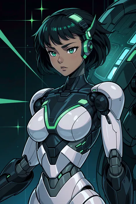 <lora:mdrnkz3:0.8>,simple background,(green,duotone:1.1),,humanoid robot,joints,black hair,dot-matrix,metal skin,1girl,robot gir...