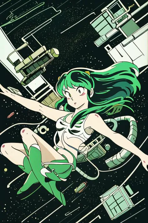 <lora:mdrnkz3:1> Lum from Urusei Yeatsura, floating inside a space station, in the style of mdrnkz3  <lora:takahashi_rumiko_offset:1> takahashi rumiko