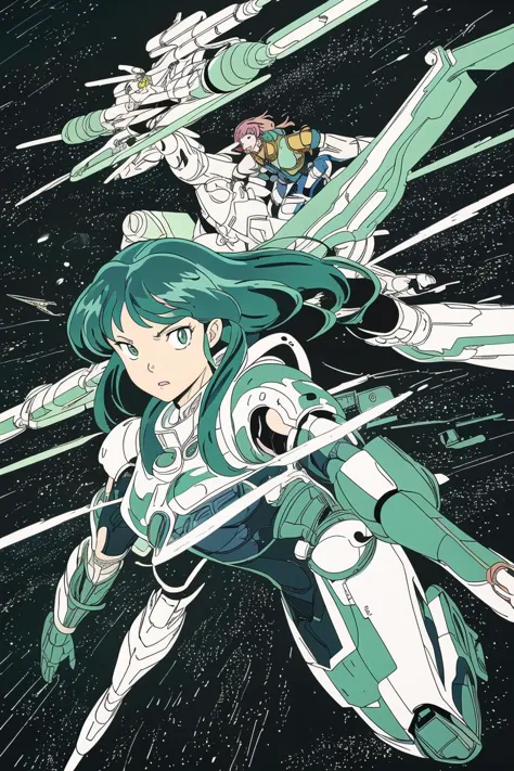 <lora:mdrnkz3:0.7> Anime Illustration. Close-up of Lum, wearing Mecha Armour, flying through a space station, in the style of mdrnkz3  <lora:takahashi_rumiko_offset:0.8> art by Takahashi Rumiko