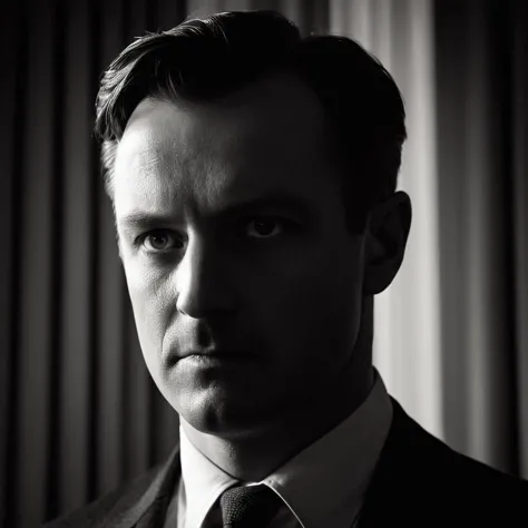 cinematic film still of  Split Lighting Photography style
 In 1940's a detective man with a shadow on face from window curtains staring at camera with eye highlight
 shallow depth of field, vignette, highly detailed, high budget, bokeh, cinemascope, moody, epic, gorgeous, film grain, grainy
