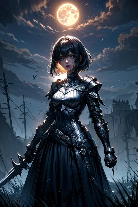 a woman in armor standing in front of a full moon