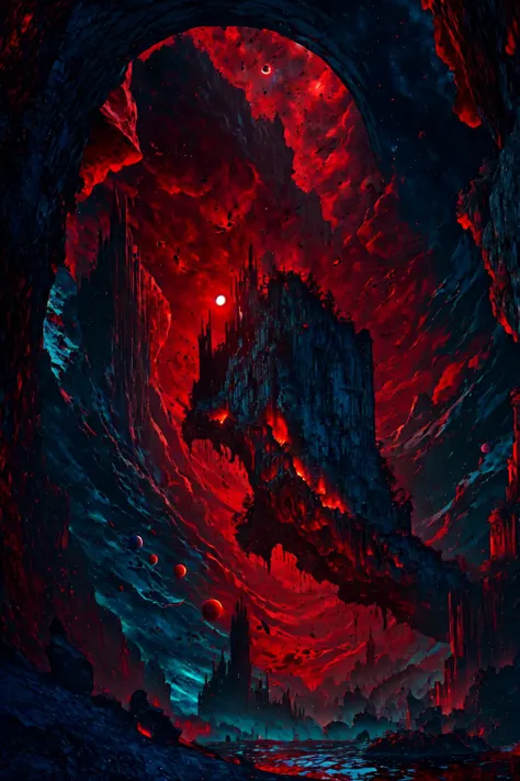 a red and black painting of a castle in a cave